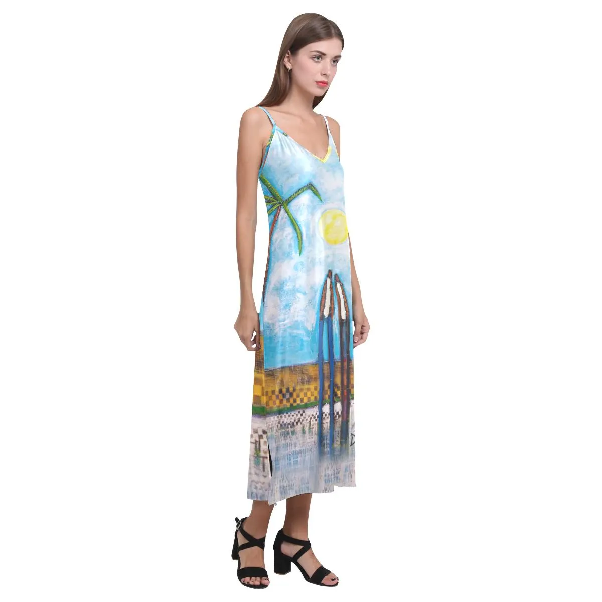 Island Romance V-Neck Open Fork Long Dress
