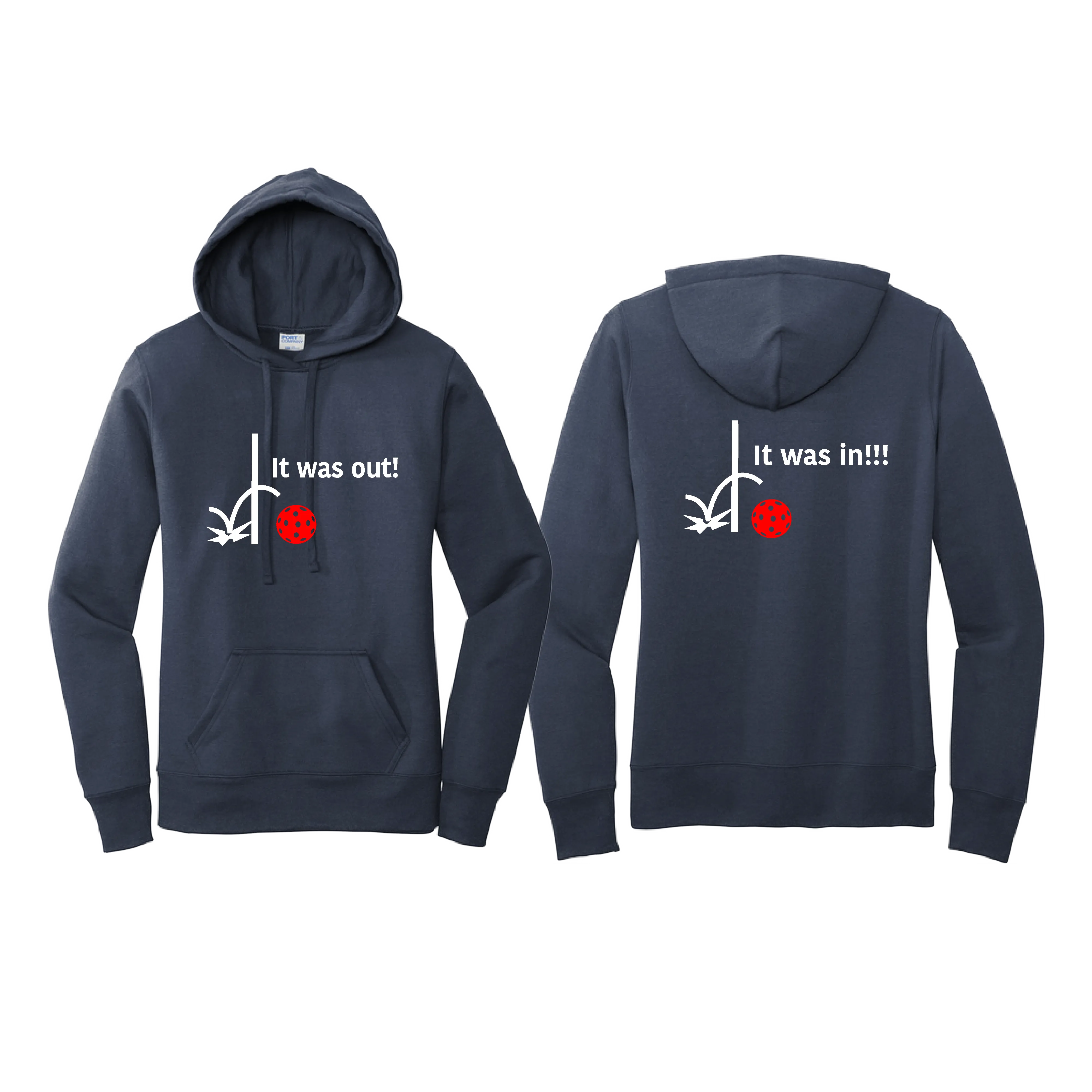 It Was Out! It Was In! (Pickleballs Red White Yellow) | Women’s Fitted Hoodie Pickleball Sweatshirt | 50% Cotton 50% Poly Fleece