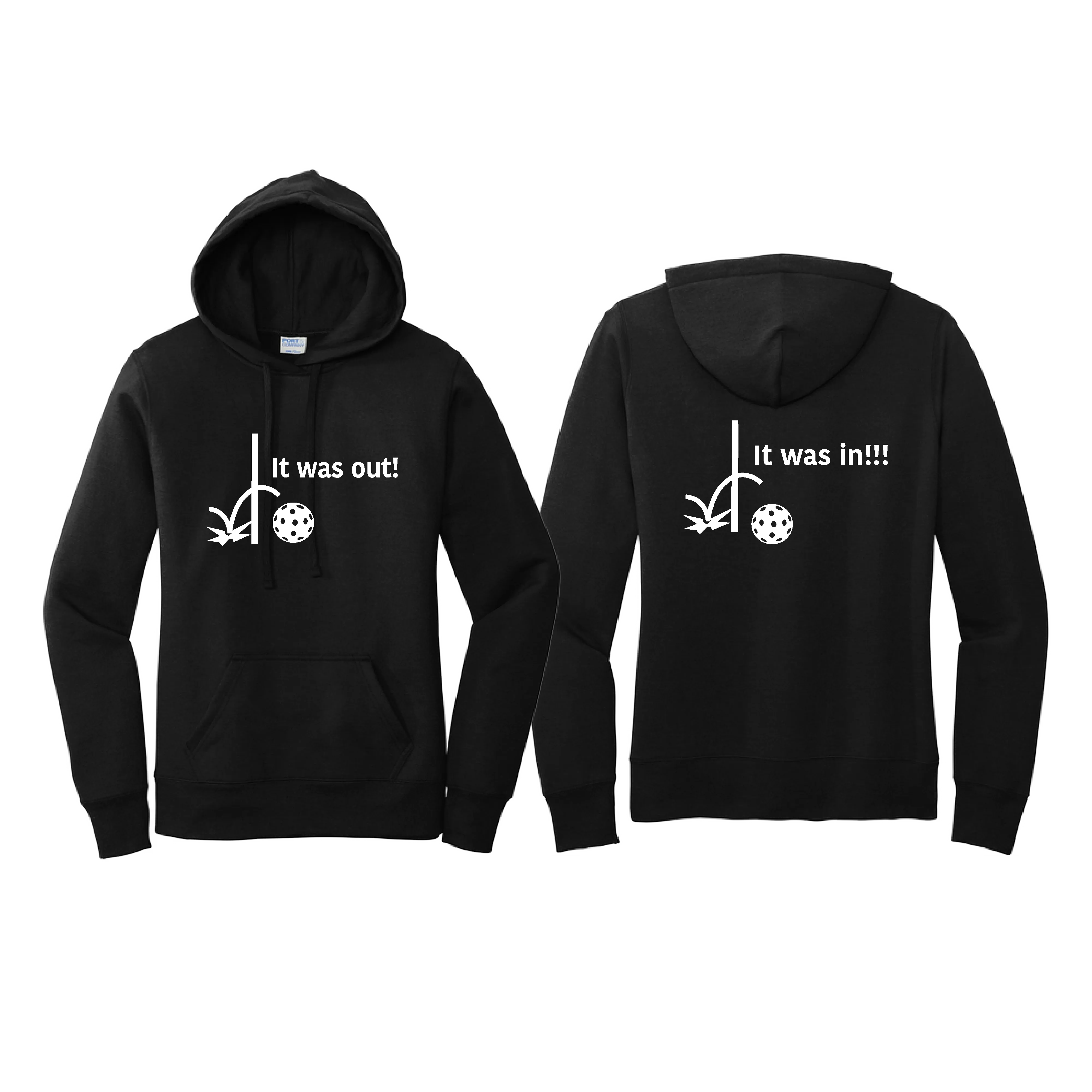 It Was Out! It Was In! (Pickleballs Red White Yellow) | Women’s Fitted Hoodie Pickleball Sweatshirt | 50% Cotton 50% Poly Fleece