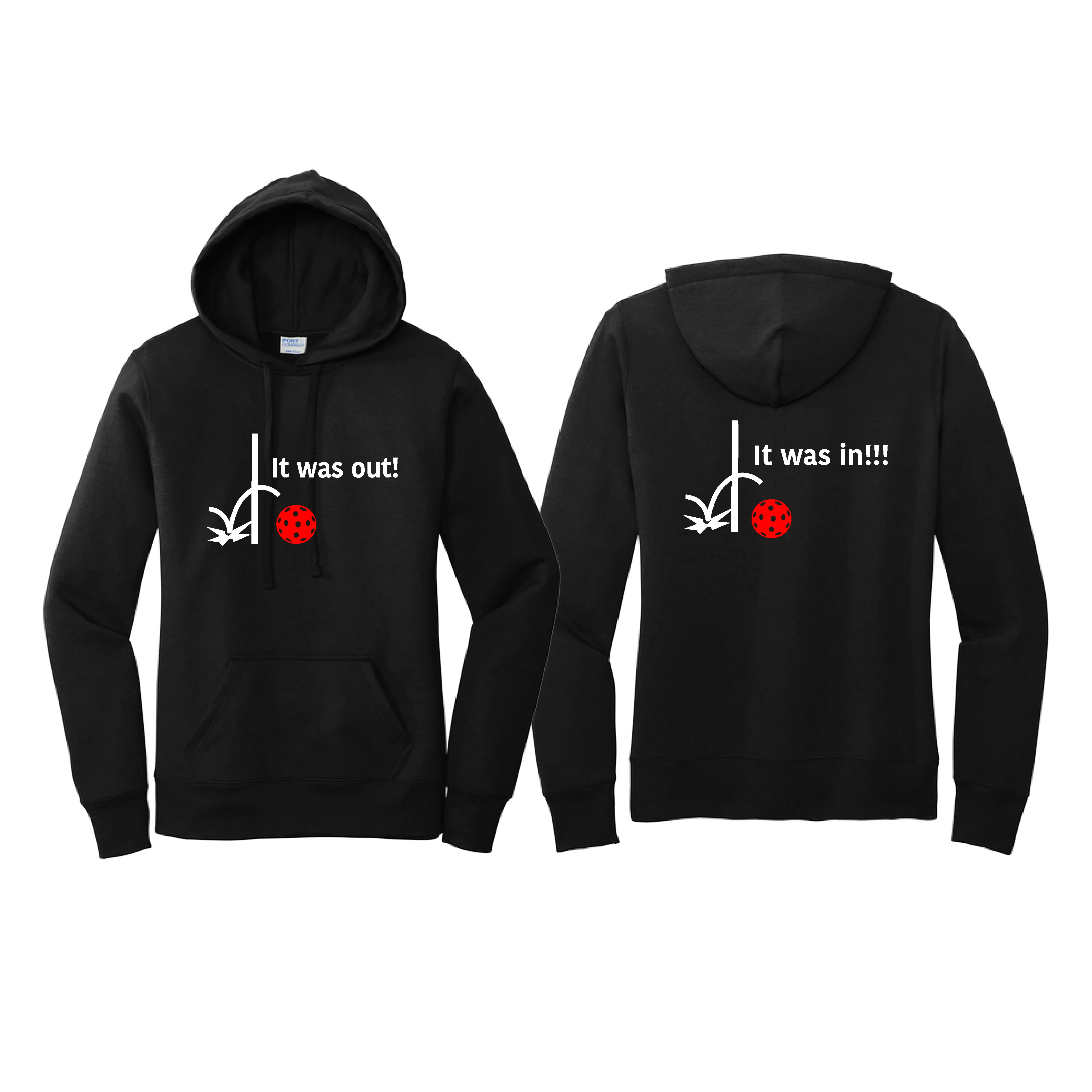 It Was Out! It Was In! (Pickleballs Red White Yellow) | Women’s Fitted Hoodie Pickleball Sweatshirt | 50% Cotton 50% Poly Fleece