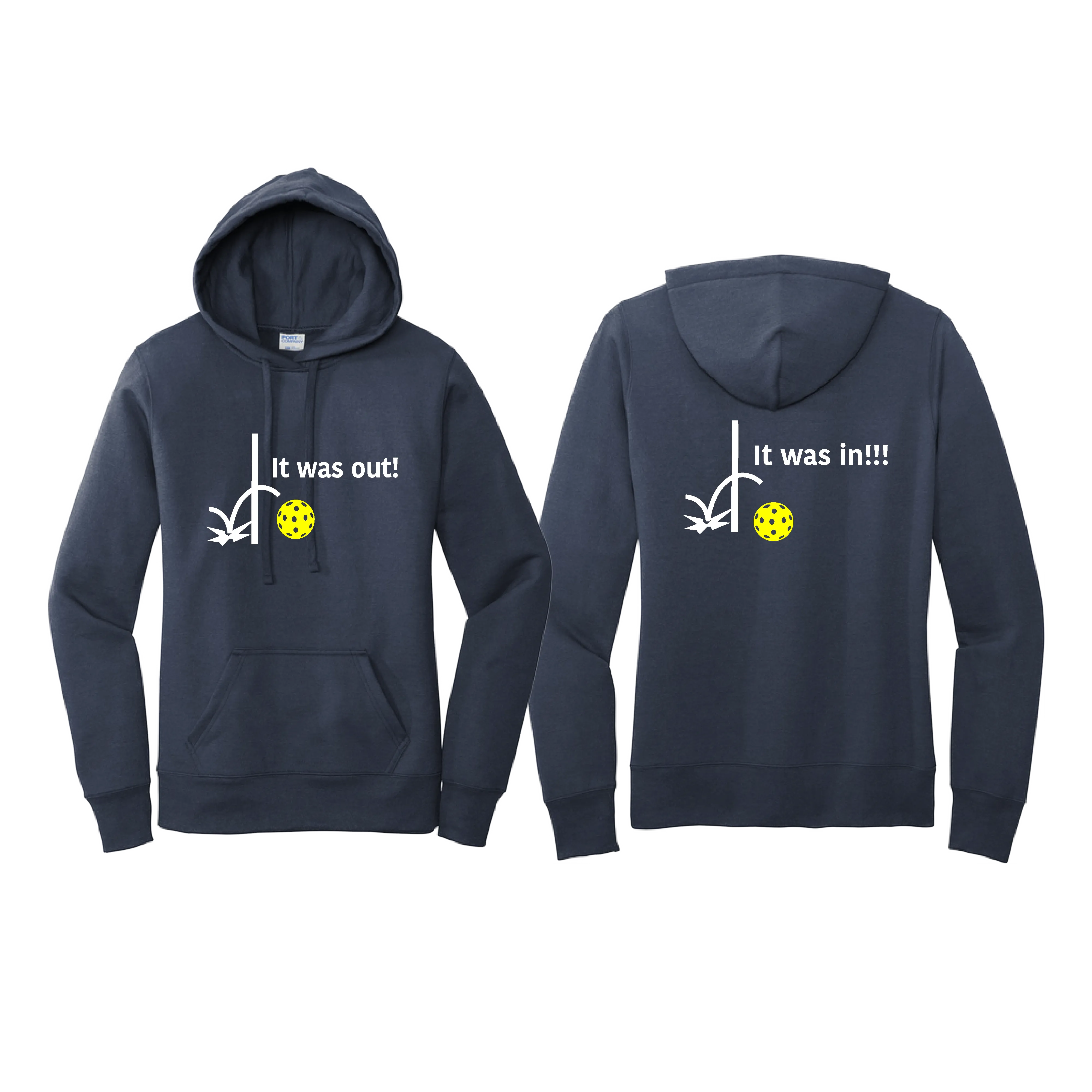 It Was Out! It Was In! (Pickleballs Red White Yellow) | Women’s Fitted Hoodie Pickleball Sweatshirt | 50% Cotton 50% Poly Fleece