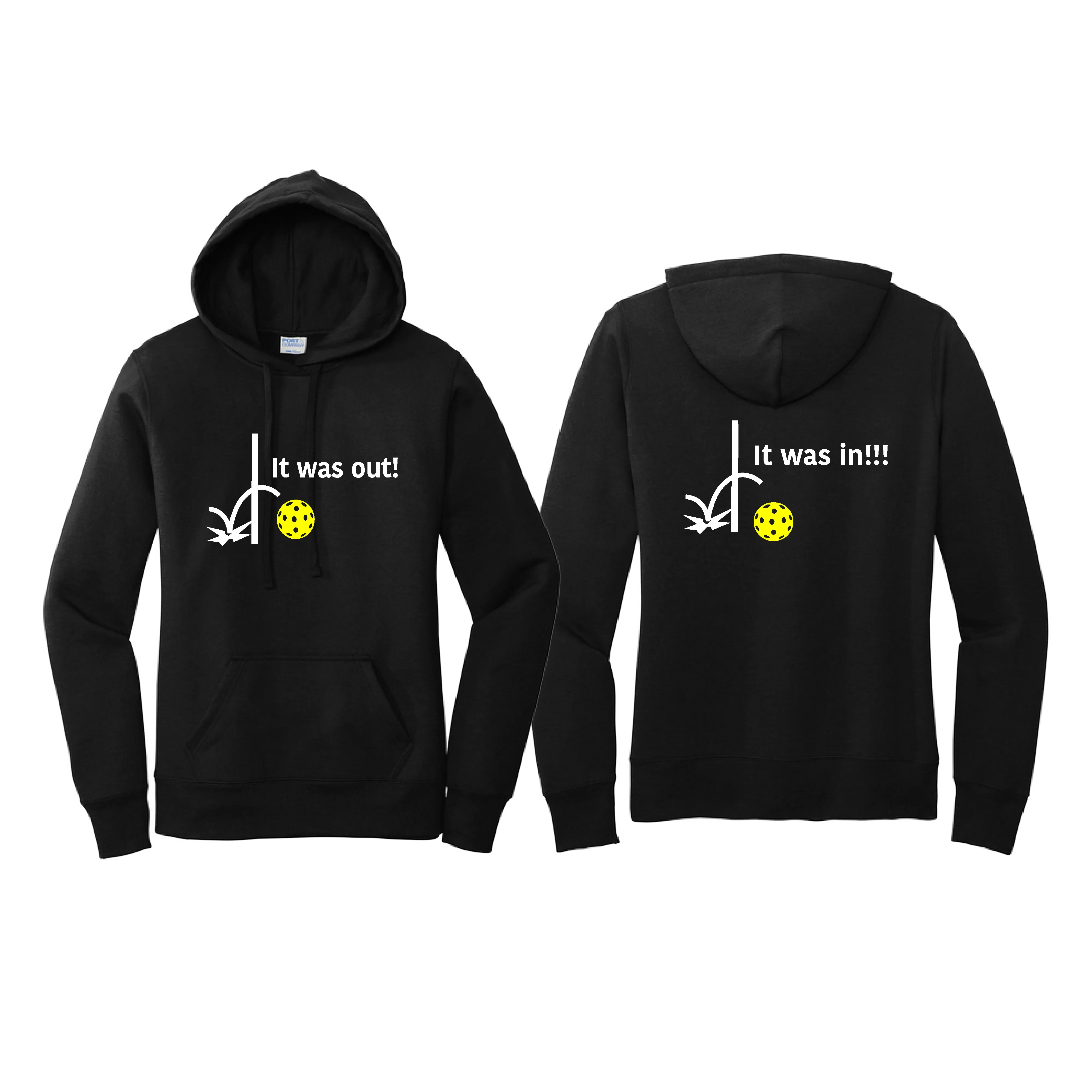 It Was Out! It Was In! (Pickleballs Red White Yellow) | Women’s Fitted Hoodie Pickleball Sweatshirt | 50% Cotton 50% Poly Fleece