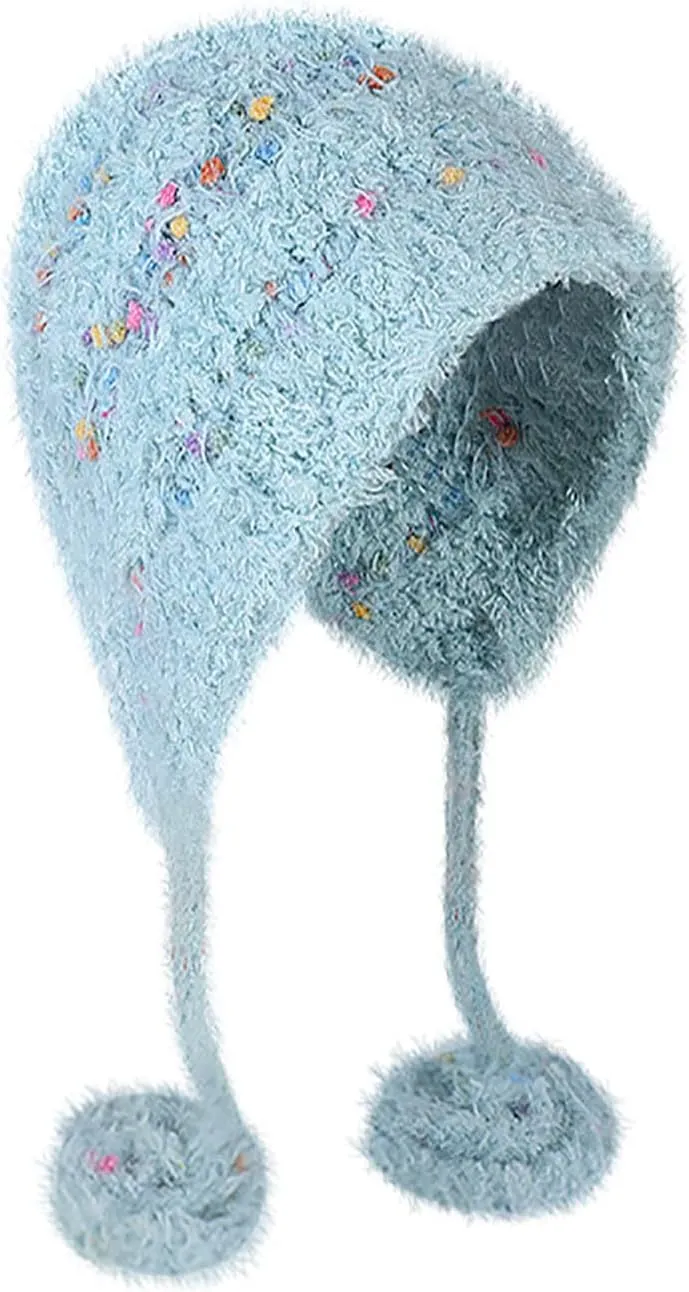 Knit Hats Winter Fleece Skiing Winter Caps Warm Ear Flap Drawstring Pompom Knitted Skull Cap Chunky Ear Protection Hat