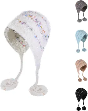 Knit Hats Winter Fleece Skiing Winter Caps Warm Ear Flap Drawstring Pompom Knitted Skull Cap Chunky Ear Protection Hat