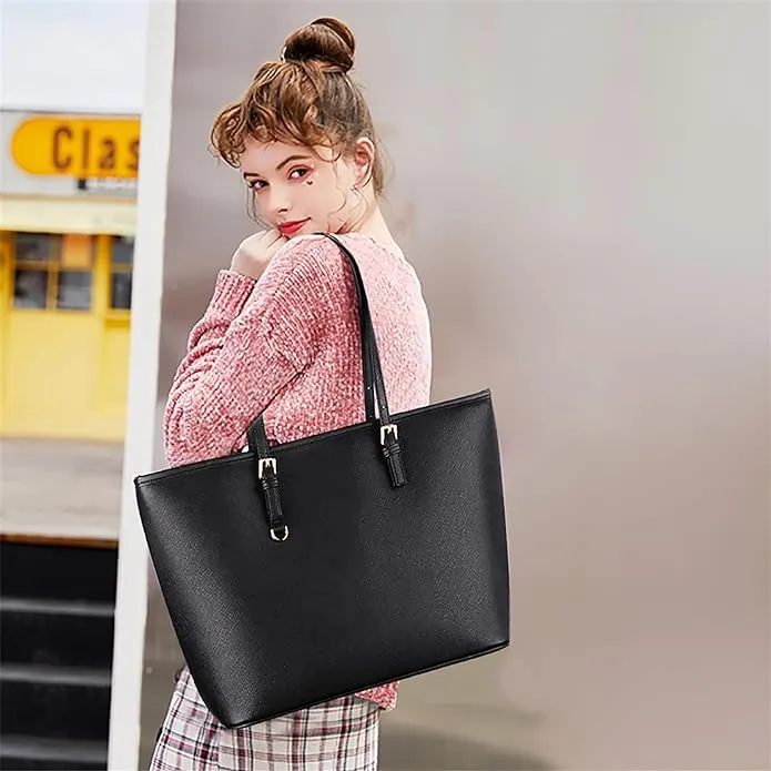 Large plain black women's shoulder handbag with zip for school, work, travel | Faux leather tote Handbags with compartments by Rustique Designs