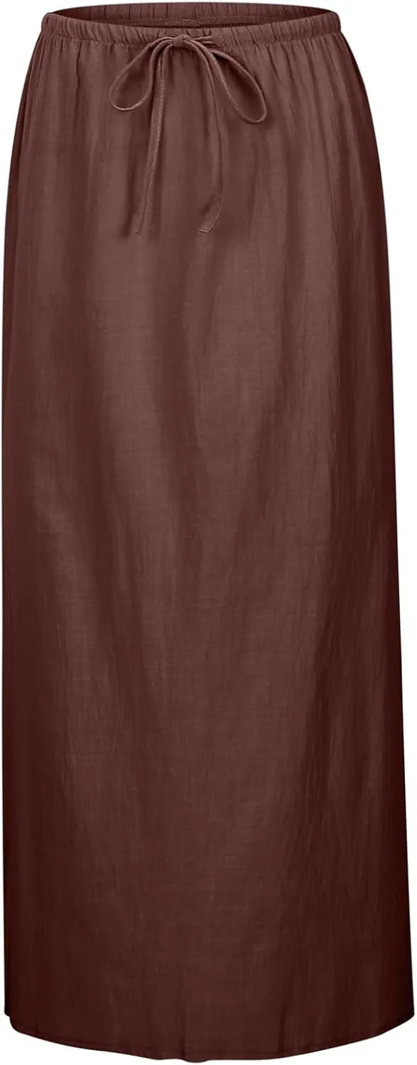 Linen Maxi Skirts for Women Trendy Summer Comfy Drawstring Waist A Line Skirts Cute Vacation Boho Long Flowy Skirts