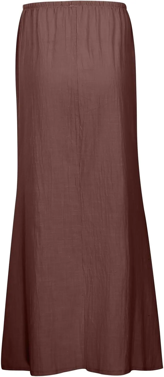 Linen Maxi Skirts for Women Trendy Summer Comfy Drawstring Waist A Line Skirts Cute Vacation Boho Long Flowy Skirts