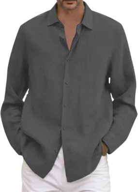 Linen Shirts for Men, Long Sleeve Button Down T-Shirts, 2025 Summer Beach Shirts, Casual Hawaiian Vacation Blouse Tops