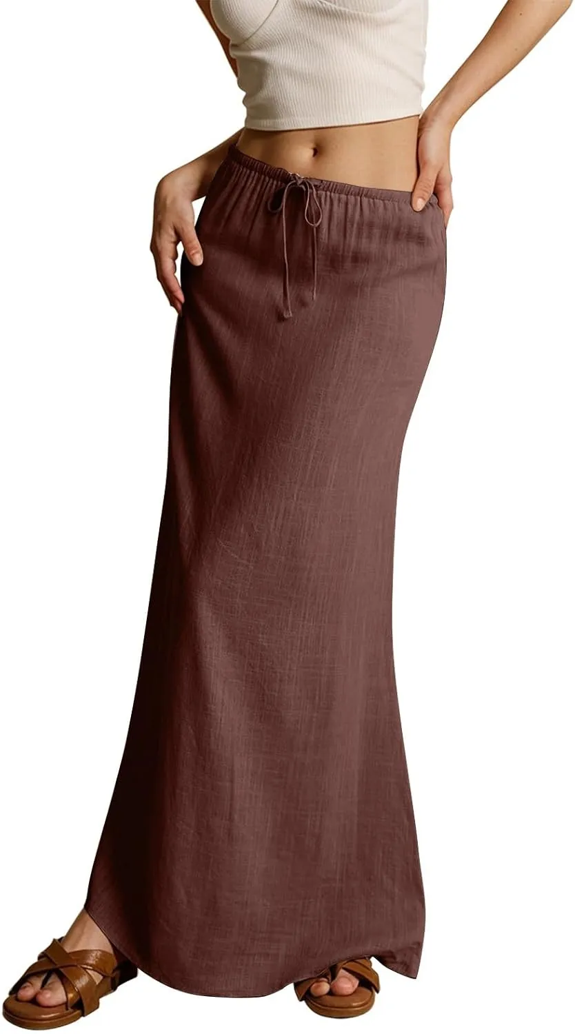 Maxi Skirts for Women Plus Size,Womens Linen Maxi Skirts Elastic Waist Drawstring A Line Skirts Vacation Flowy Skirt