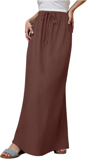 Maxi Skirts for Women Plus Size,Womens Linen Maxi Skirts Elastic Waist Drawstring A Line Skirts Vacation Flowy Skirt