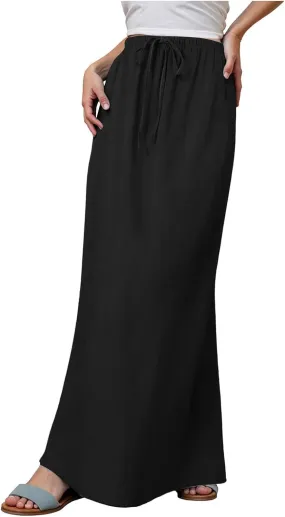 Maxi Skirts for Women Plus Size,Womens Linen Maxi Skirts Elastic Waist Drawstring A Line Skirts Vacation Flowy Skirt