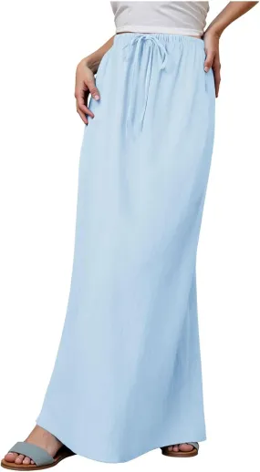Maxi Skirts for Women Plus Size,Womens Linen Maxi Skirts Elastic Waist Drawstring A Line Skirts Vacation Flowy Skirt