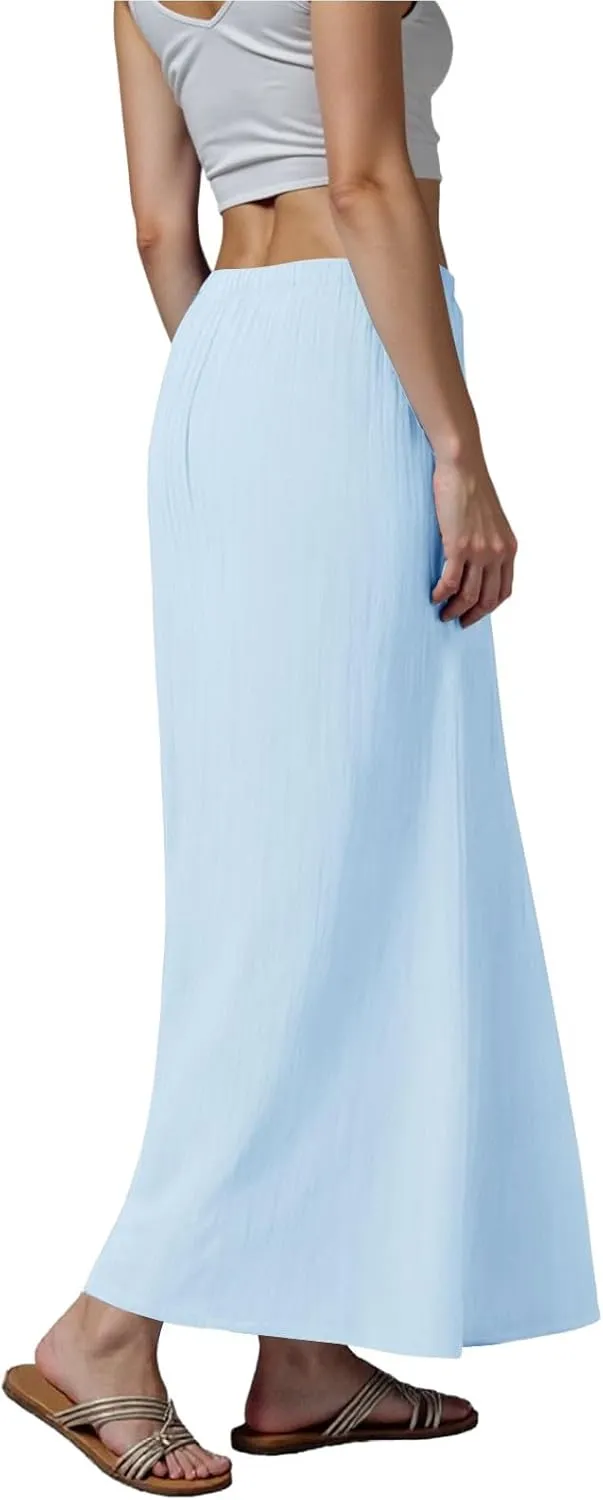 Maxi Skirts for Women Plus Size,Womens Linen Maxi Skirts Elastic Waist Drawstring A Line Skirts Vacation Flowy Skirt