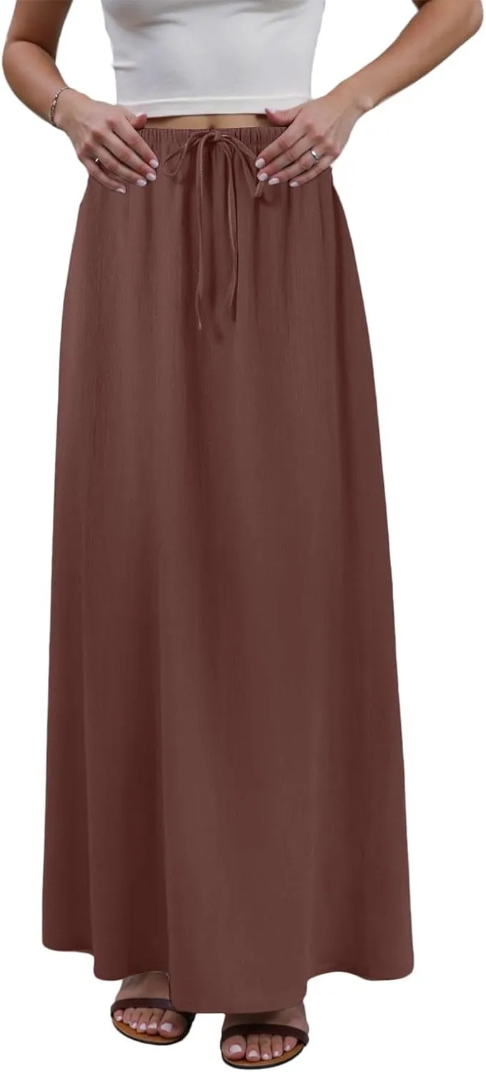 Maxi Skirts for Women Plus Size,Womens Linen Maxi Skirts Elastic Waist Drawstring A Line Skirts Vacation Flowy Skirt