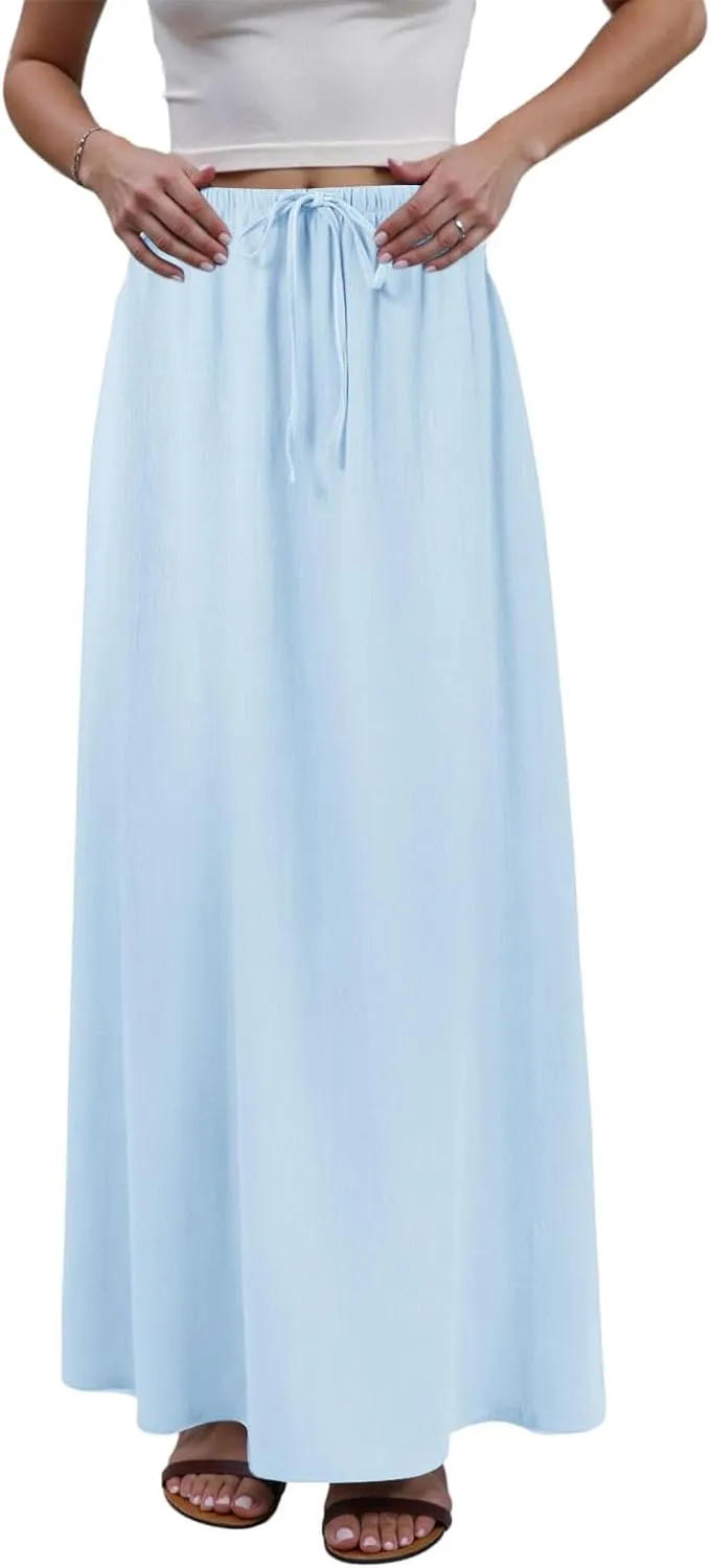 Maxi Skirts for Women Plus Size,Womens Linen Maxi Skirts Elastic Waist Drawstring A Line Skirts Vacation Flowy Skirt