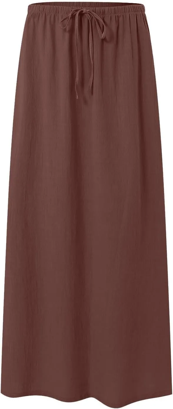 Maxi Skirts for Women Plus Size,Womens Linen Maxi Skirts Elastic Waist Drawstring A Line Skirts Vacation Flowy Skirt