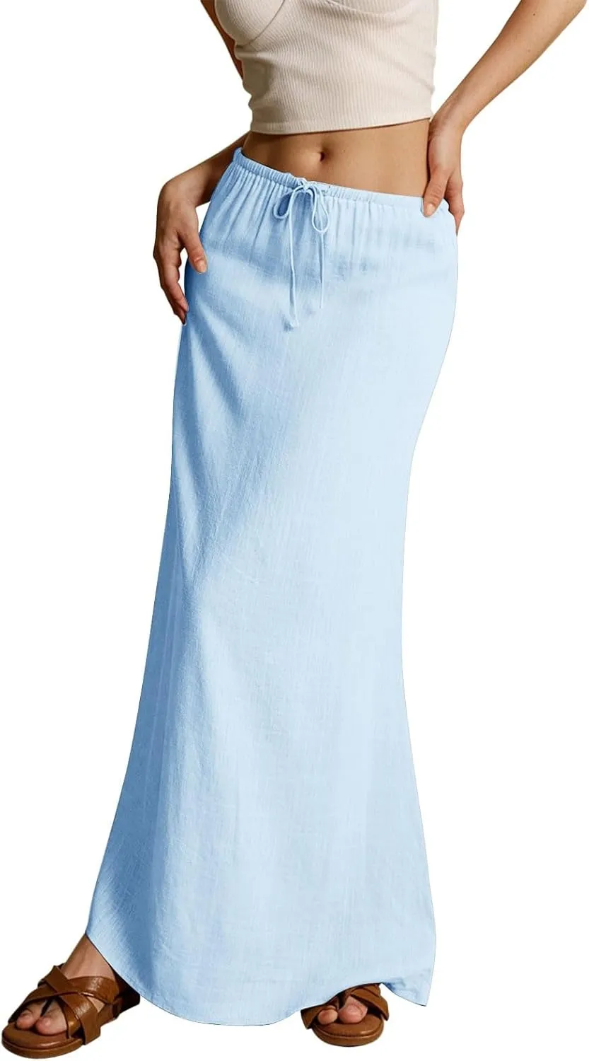 Maxi Skirts for Women Plus Size,Womens Linen Maxi Skirts Elastic Waist Drawstring A Line Skirts Vacation Flowy Skirt