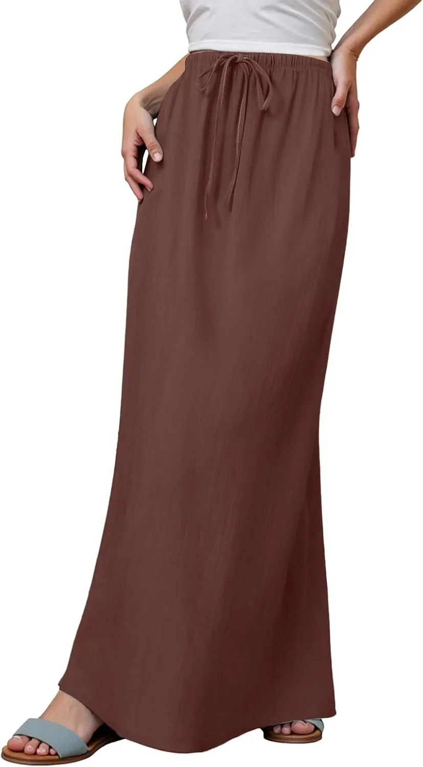 Maxi Skirts for Women Plus Size,Womens Linen Maxi Skirts Elastic Waist Drawstring A Line Skirts Vacation Flowy Skirt