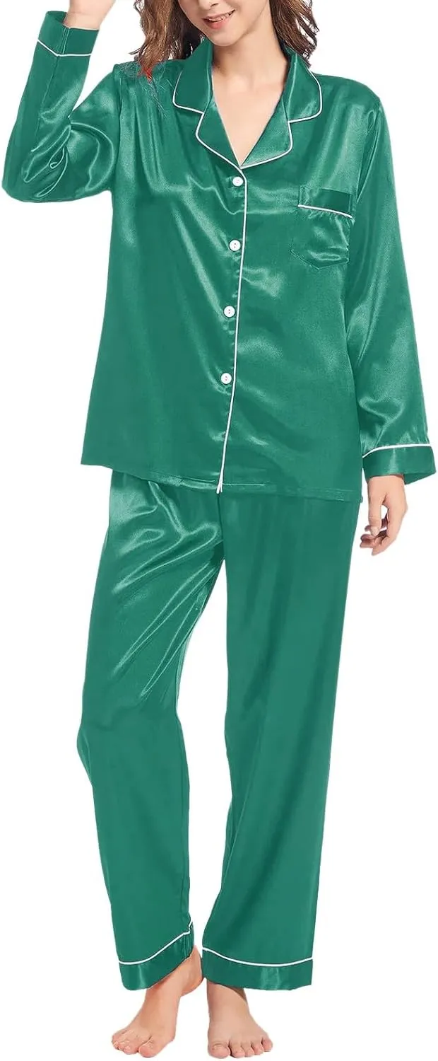MBWTRP Women's Satin Pajamas Set Classic Button Down Nightwear Long Sleeve & Bottoms PJs Cosy Lounge Sleepwear Gifts for Her