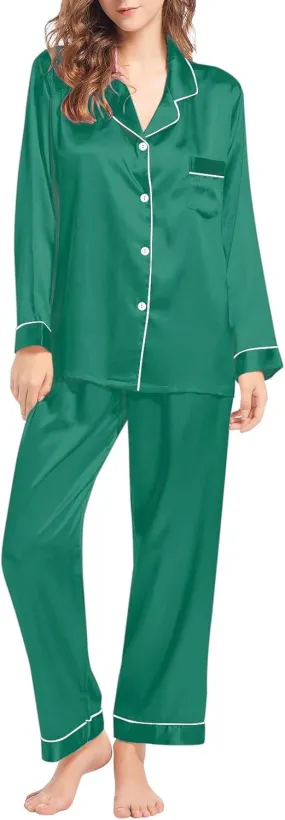 MBWTRP Women's Satin Pajamas Set Classic Button Down Nightwear Long Sleeve & Bottoms PJs Cosy Lounge Sleepwear Gifts for Her