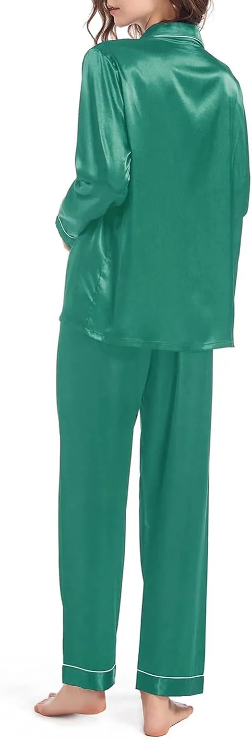 MBWTRP Women's Satin Pajamas Set Classic Button Down Nightwear Long Sleeve & Bottoms PJs Cosy Lounge Sleepwear Gifts for Her