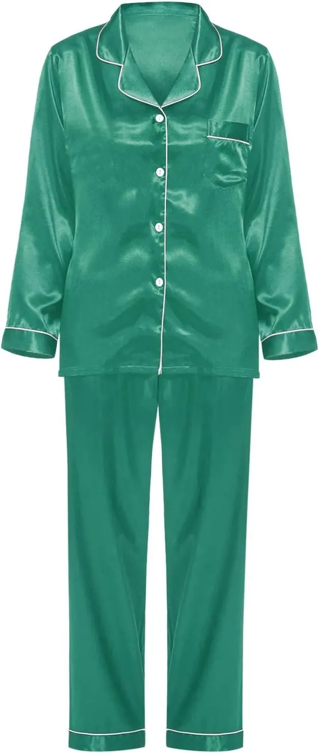 MBWTRP Women's Satin Pajamas Set Classic Button Down Nightwear Long Sleeve & Bottoms PJs Cosy Lounge Sleepwear Gifts for Her