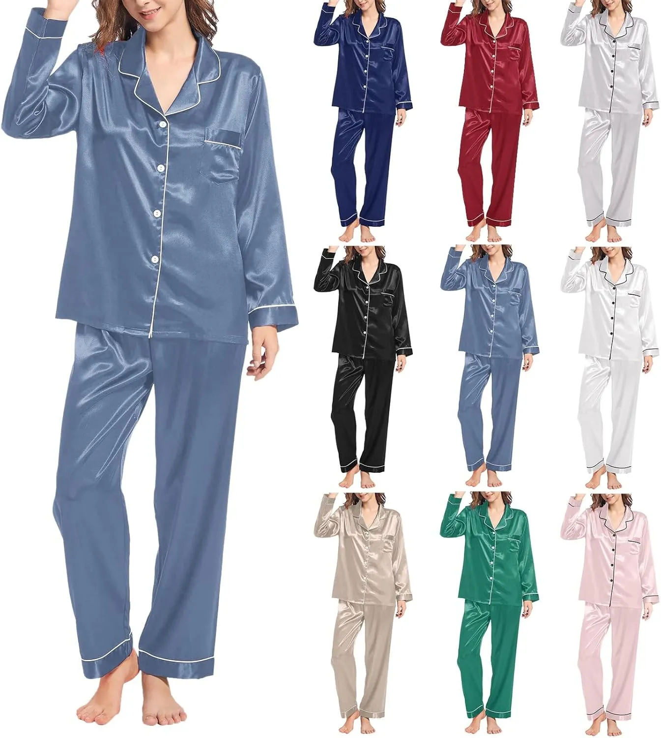 MBWTRP Women's Satin Pajamas Set Classic Button Down Nightwear Long Sleeve & Bottoms PJs Cosy Lounge Sleepwear Gifts for Her