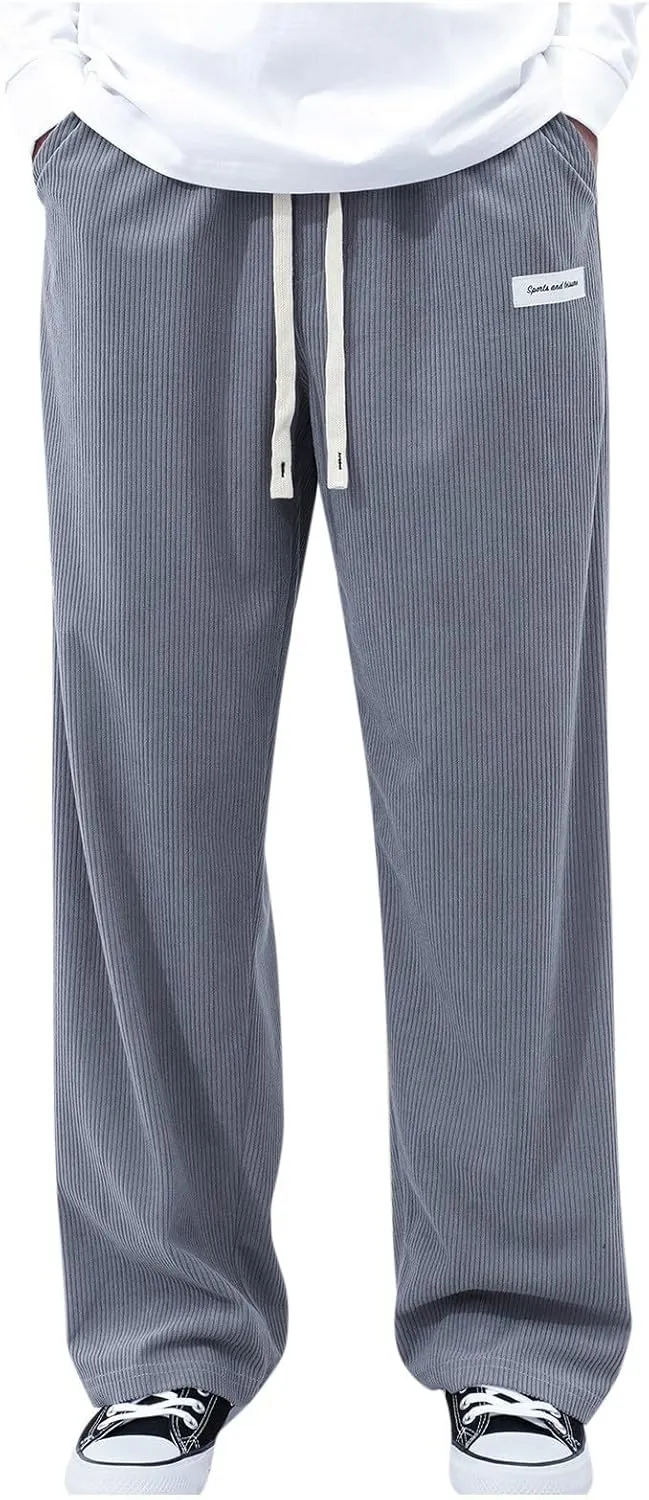 Men's Casual Corduroy Pants Elastic Waist Drawstring Harem Pants Fashion Loose Casual Long Trousers with Pockets