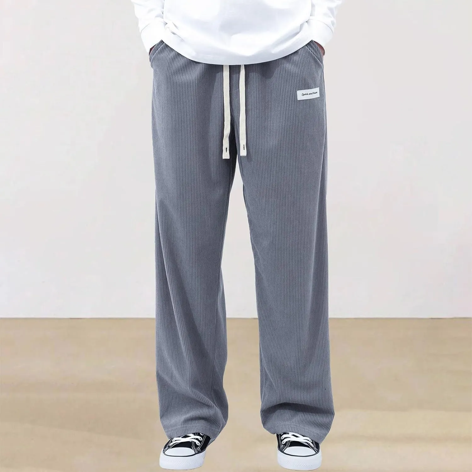 Men's Casual Corduroy Pants Elastic Waist Drawstring Harem Pants Fashion Loose Casual Long Trousers with Pockets