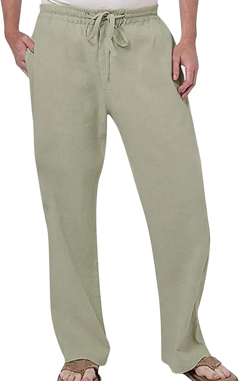 Mens Casual Linen Pants Elastic Waist Drawstring Lightweight Trouser Casual 2024 Straight Leg with Pockets Trousers