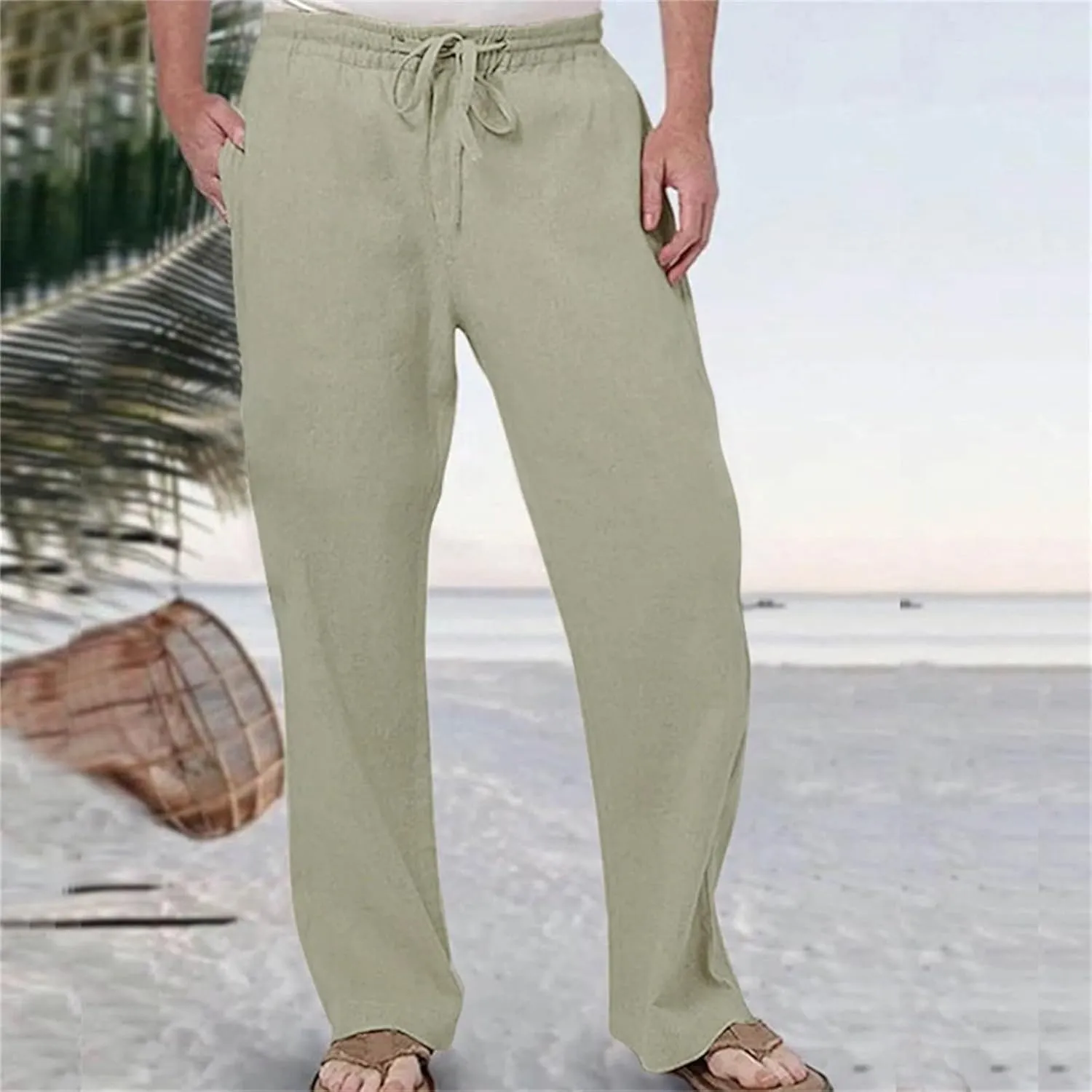 Mens Casual Linen Pants Elastic Waist Drawstring Lightweight Trouser Casual 2024 Straight Leg with Pockets Trousers