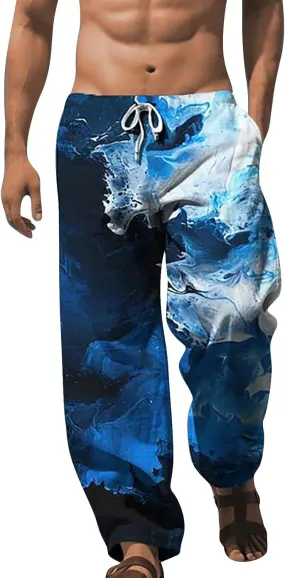 Mens Casual Linen Pants with Pockets Summer Loose Elastic Waist Beach Pants Casual Drawstring Wide Leg Workouts Sweatpants