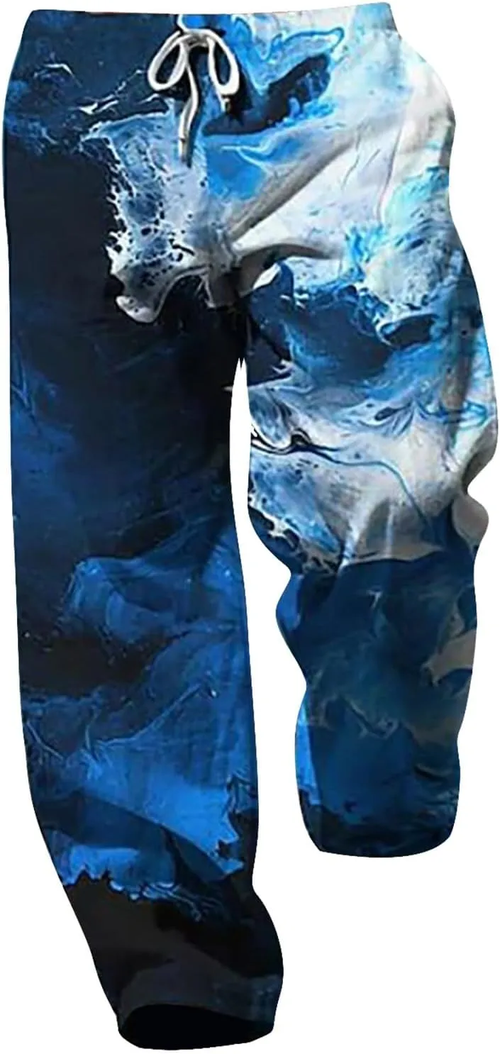 Mens Casual Linen Pants with Pockets Summer Loose Elastic Waist Beach Pants Casual Drawstring Wide Leg Workouts Sweatpants