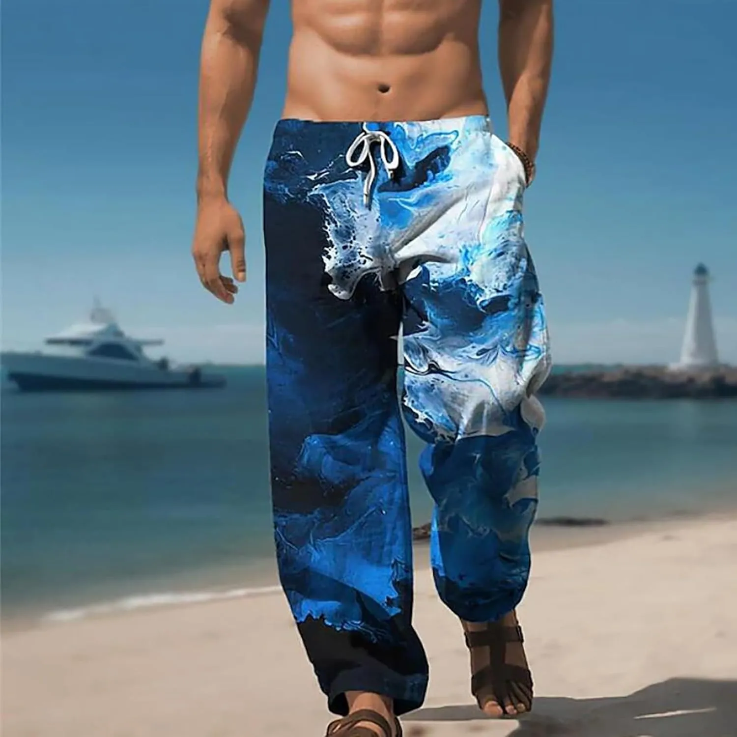 Mens Casual Linen Pants with Pockets Summer Loose Elastic Waist Beach Pants Casual Drawstring Wide Leg Workouts Sweatpants