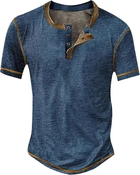Mens Distressed Henley Shirts Waffle Knit Short Sleeve Button T-Shirts for Men Summer Casual Vintage Tee Shirts