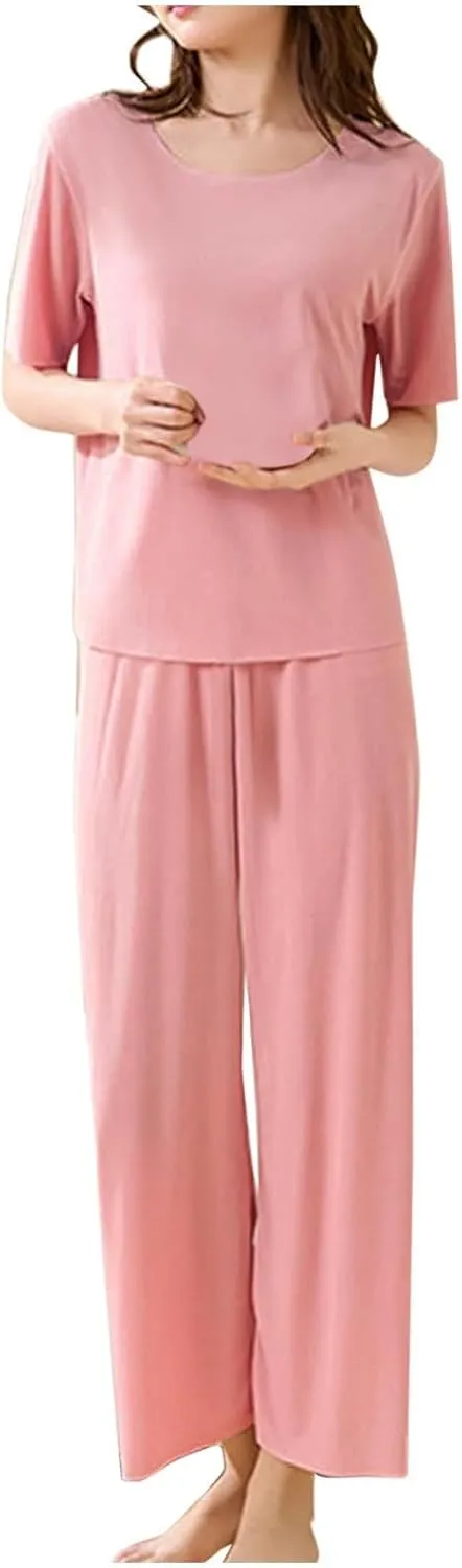 Miyaomn 2 Piece Outfits for Women Ribbed Knit Loungewear Short Sleeve Hi-Low Pullover Top and Wide Leg Long Pants Pajama Sets