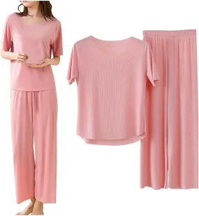 Miyaomn 2 Piece Outfits for Women Ribbed Knit Loungewear Short Sleeve Hi-Low Pullover Top and Wide Leg Long Pants Pajama Sets