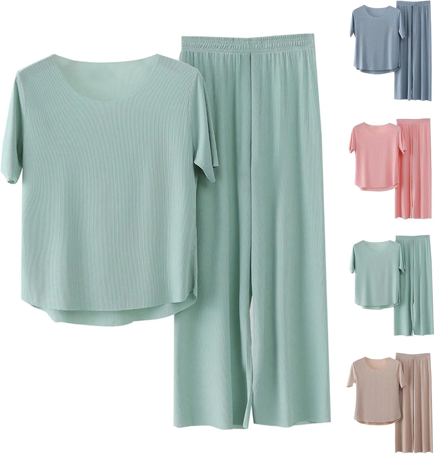 Miyaomn 2 Piece Outfits for Women Ribbed Knit Loungewear Short Sleeve Hi-Low Pullover Top and Wide Leg Long Pants Pajama Sets