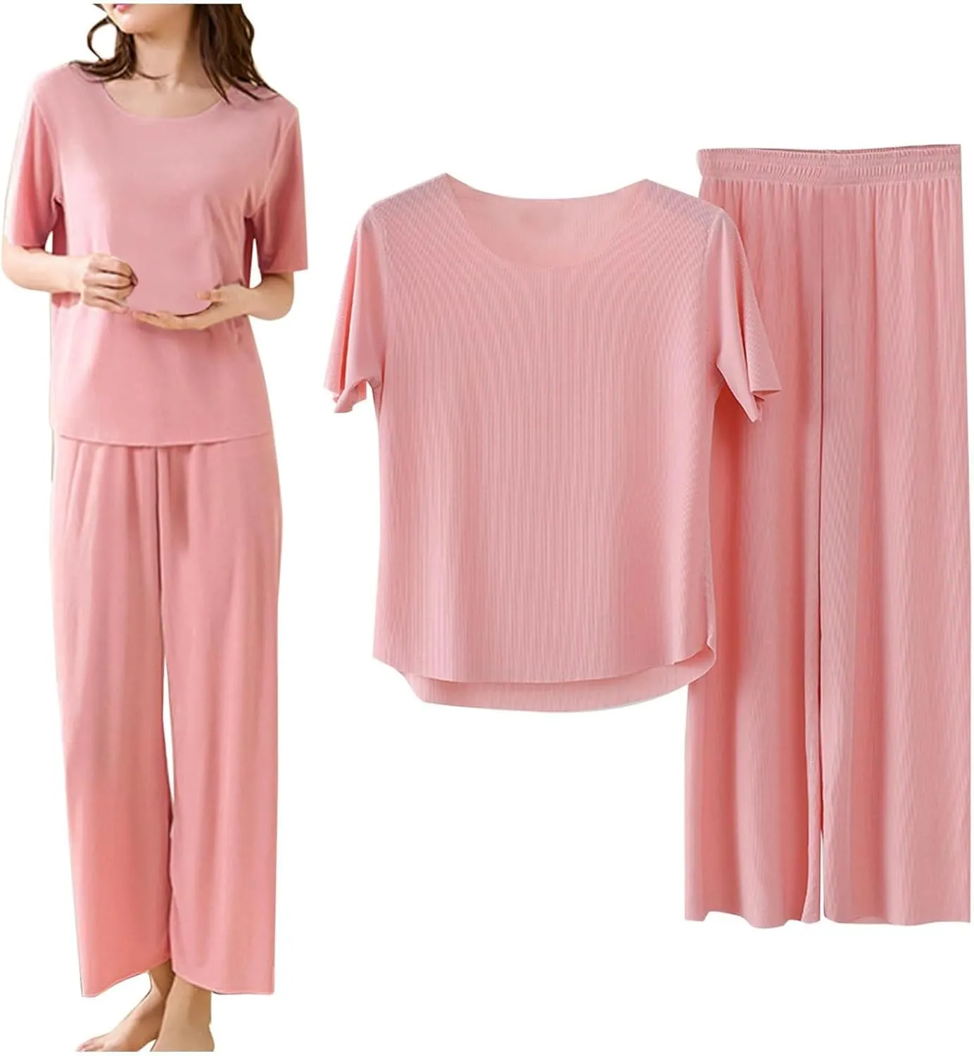 Miyaomn 2 Piece Outfits for Women Ribbed Knit Loungewear Short Sleeve Hi-Low Pullover Top and Wide Leg Long Pants Pajama Sets