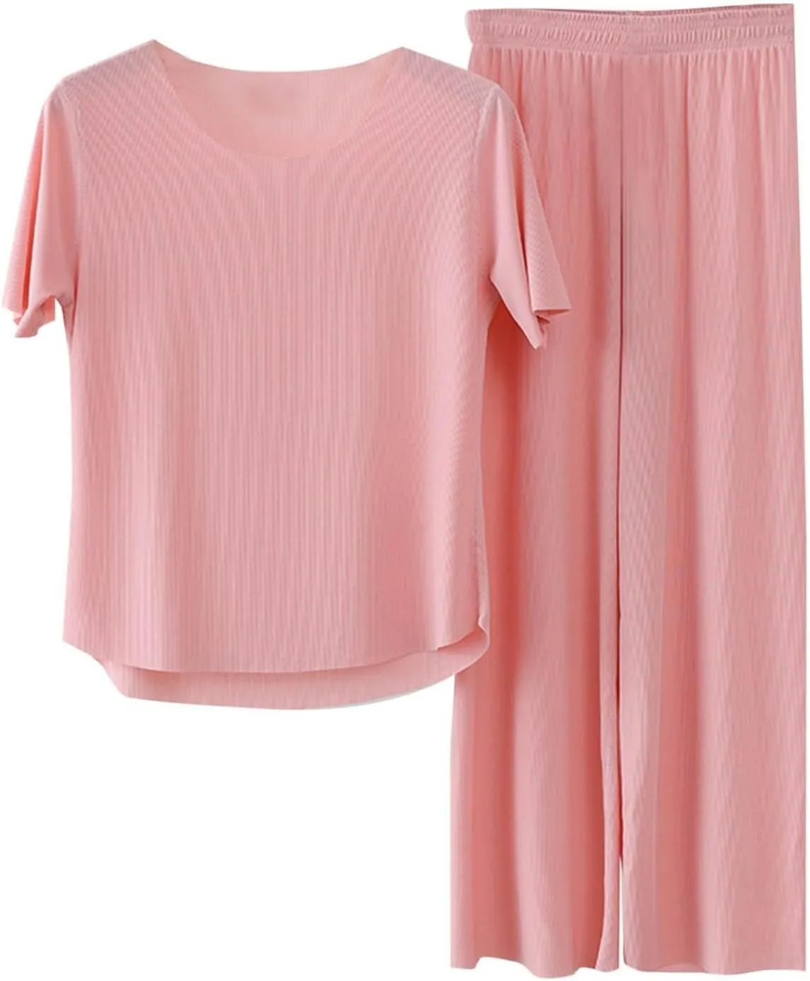 Miyaomn 2 Piece Outfits for Women Ribbed Knit Loungewear Short Sleeve Hi-Low Pullover Top and Wide Leg Long Pants Pajama Sets