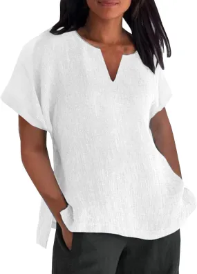 Miyaomn Trendy Linen Shirts for Women Lightweight Casual Notch V Neck Short Sleeve Tops Side Split Loose Summer Plain Blouses