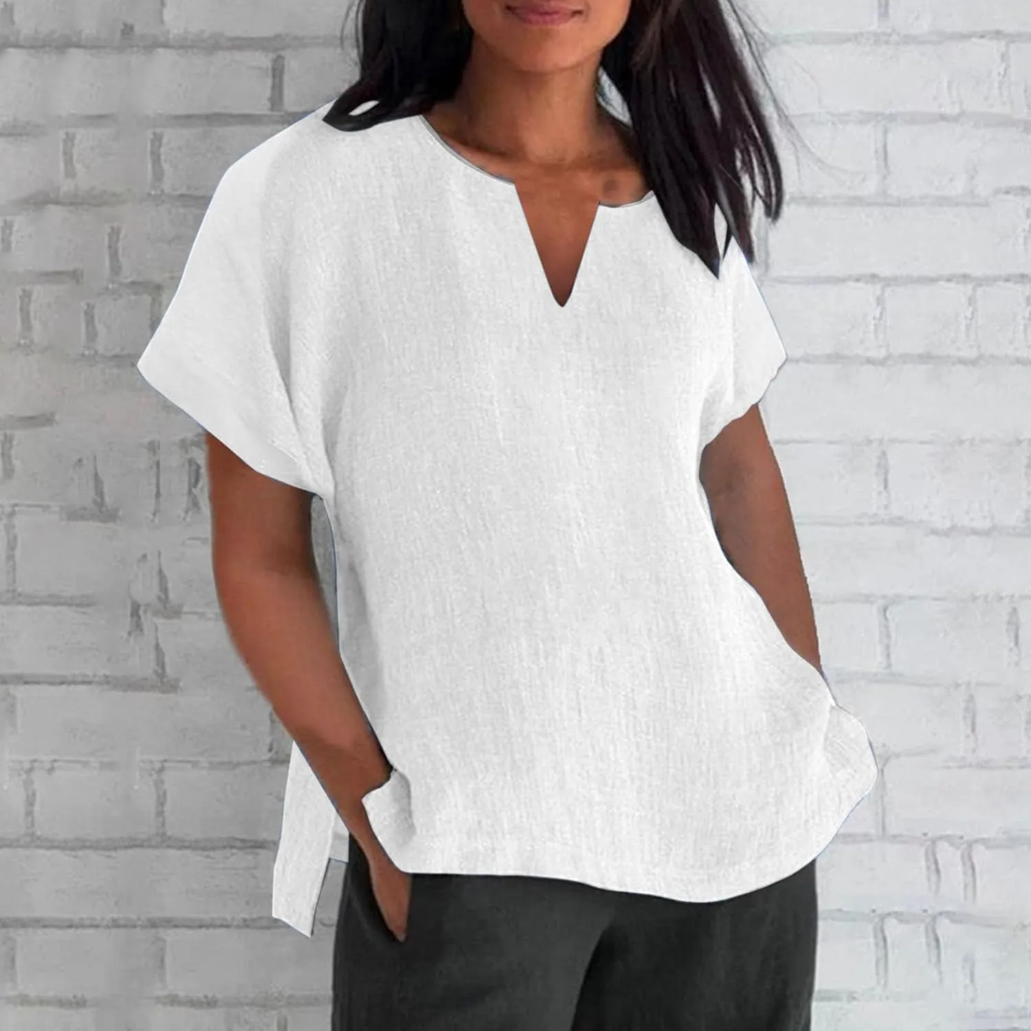 Miyaomn Trendy Linen Shirts for Women Lightweight Casual Notch V Neck Short Sleeve Tops Side Split Loose Summer Plain Blouses
