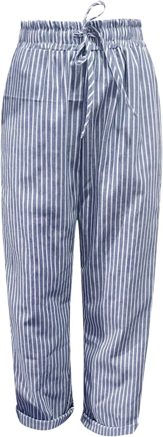 Miyaomn Women's Casual Straight Leg Linen Pants Elastic Waist Drawstring Roll Up Casual Joggers Lounge Trousers with Pockets