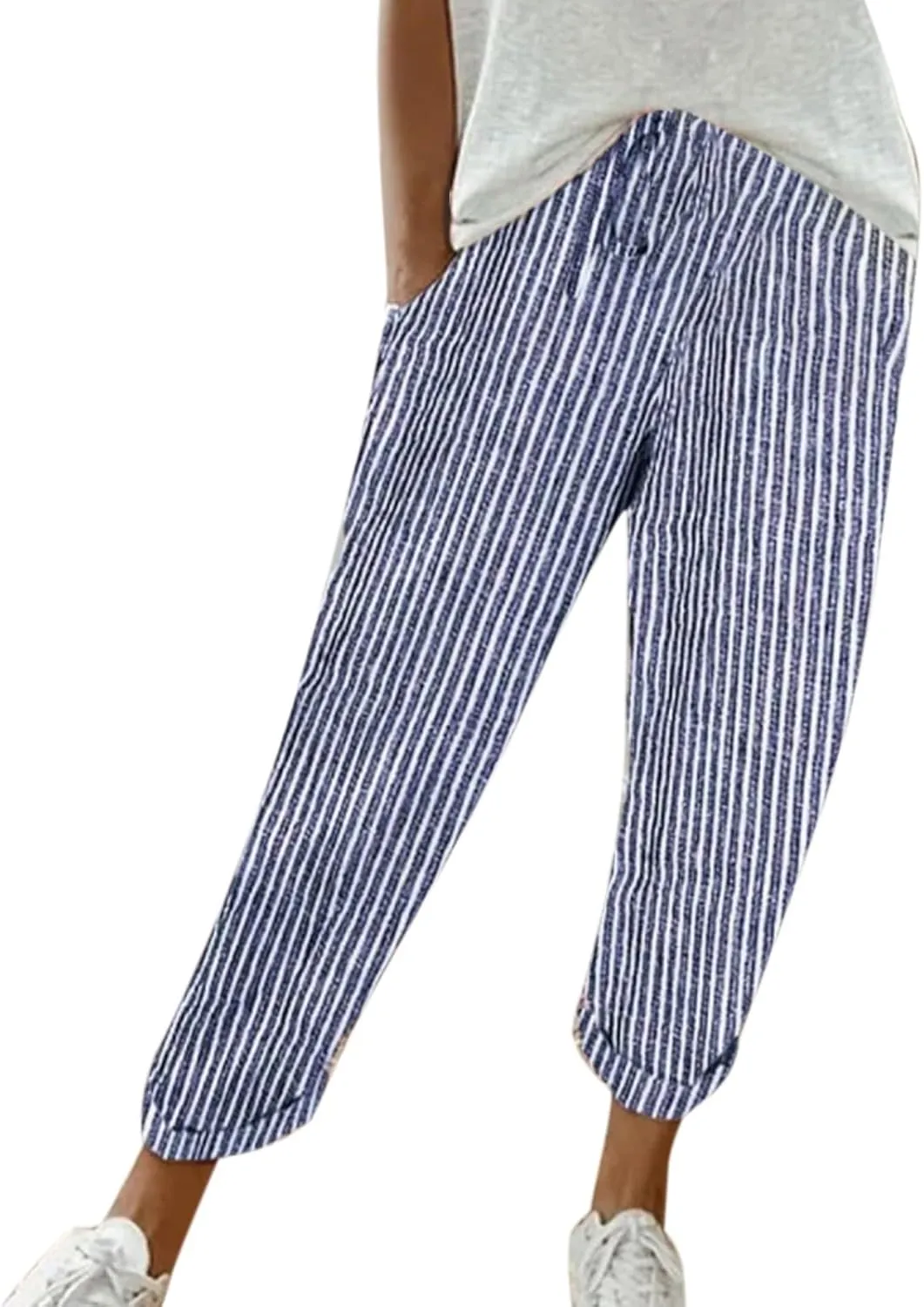 Miyaomn Women's Casual Straight Leg Linen Pants Elastic Waist Drawstring Roll Up Casual Joggers Lounge Trousers with Pockets