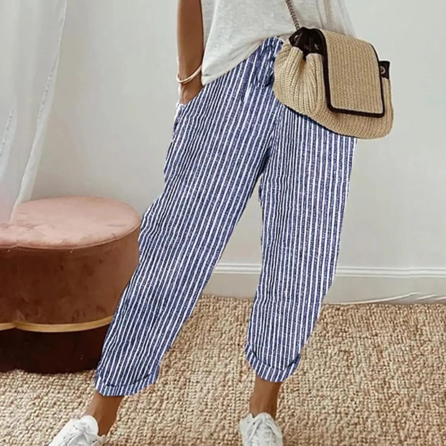 Miyaomn Women's Casual Straight Leg Linen Pants Elastic Waist Drawstring Roll Up Casual Joggers Lounge Trousers with Pockets