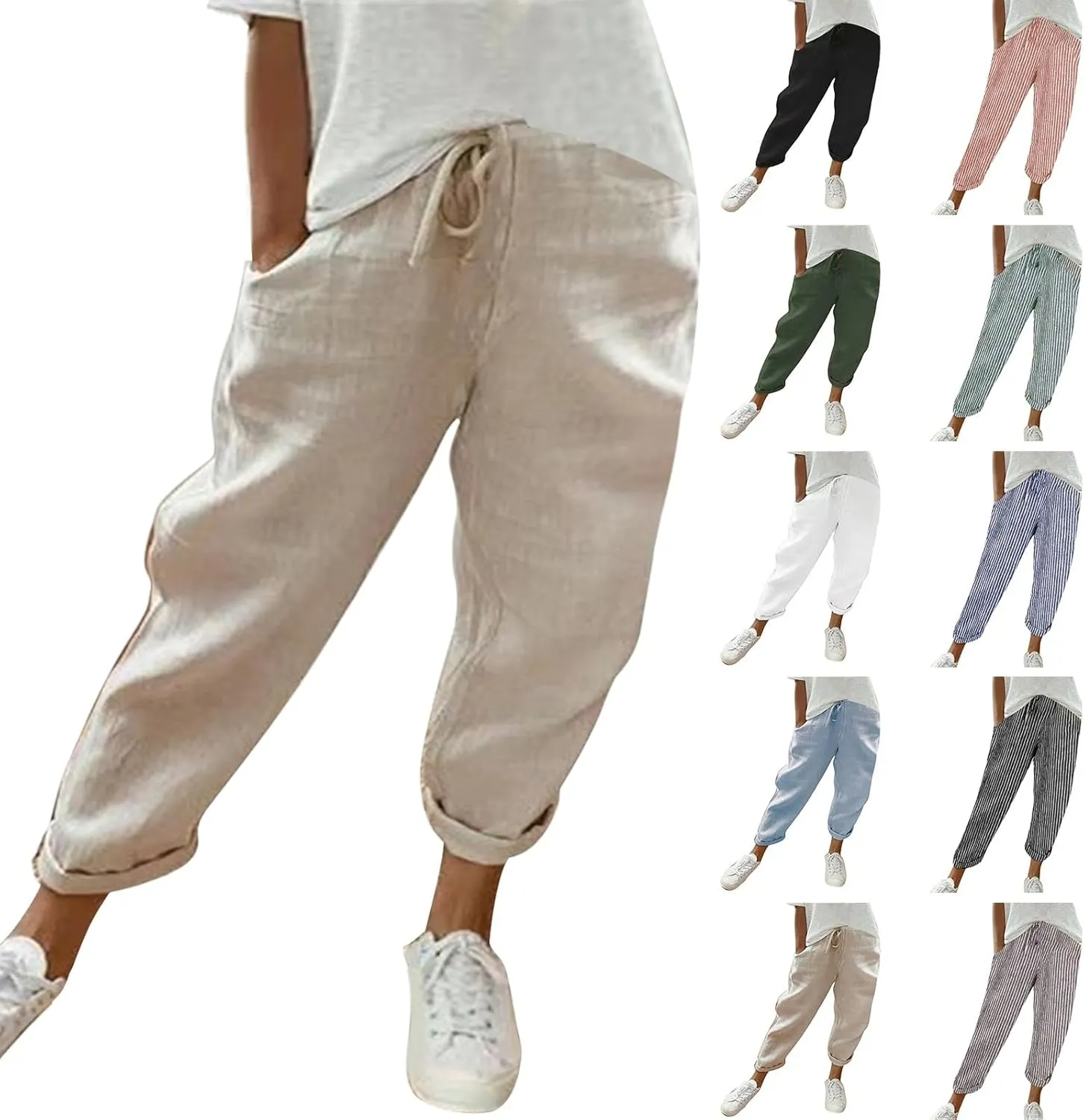 Miyaomn Women's Casual Straight Leg Linen Pants Elastic Waist Drawstring Roll Up Casual Joggers Lounge Trousers with Pockets