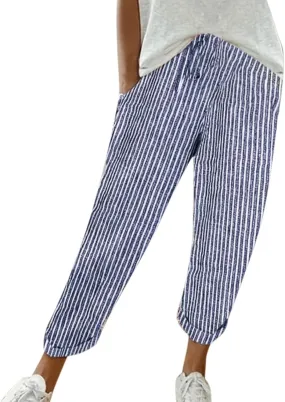 Miyaomn Women's Casual Straight Leg Linen Pants Elastic Waist Drawstring Roll Up Casual Joggers Lounge Trousers with Pockets