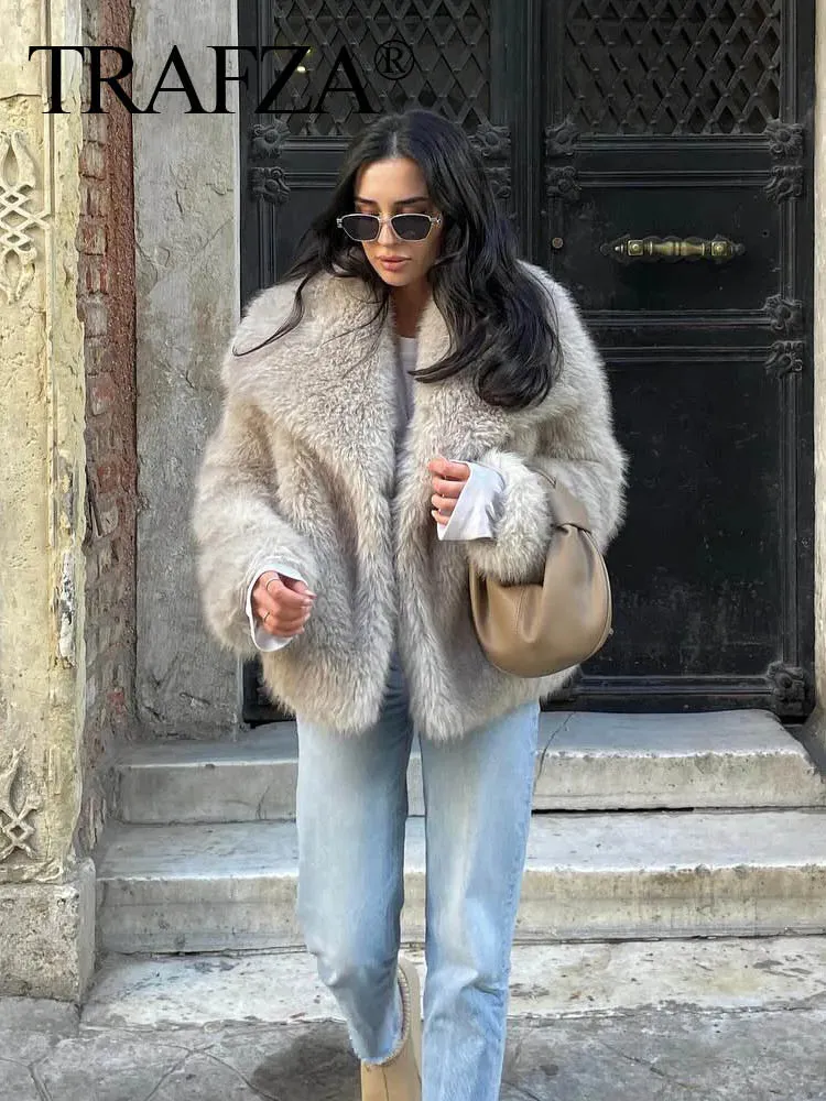New  2024 Women Fashion Cropped Faux Jacket Coat Long Sleeve Front Snap-Button Female Outerwear Lapel Collar Thick Coat