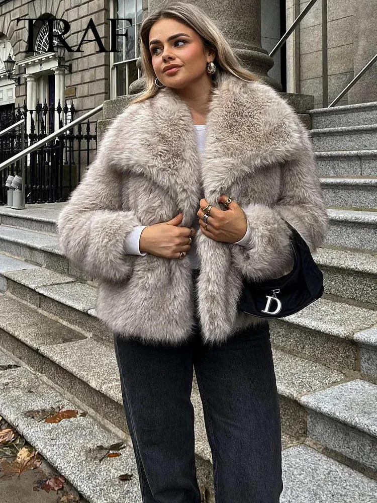 New  2024 Women Fashion Cropped Faux Jacket Coat Long Sleeve Front Snap-Button Female Outerwear Lapel Collar Thick Coat