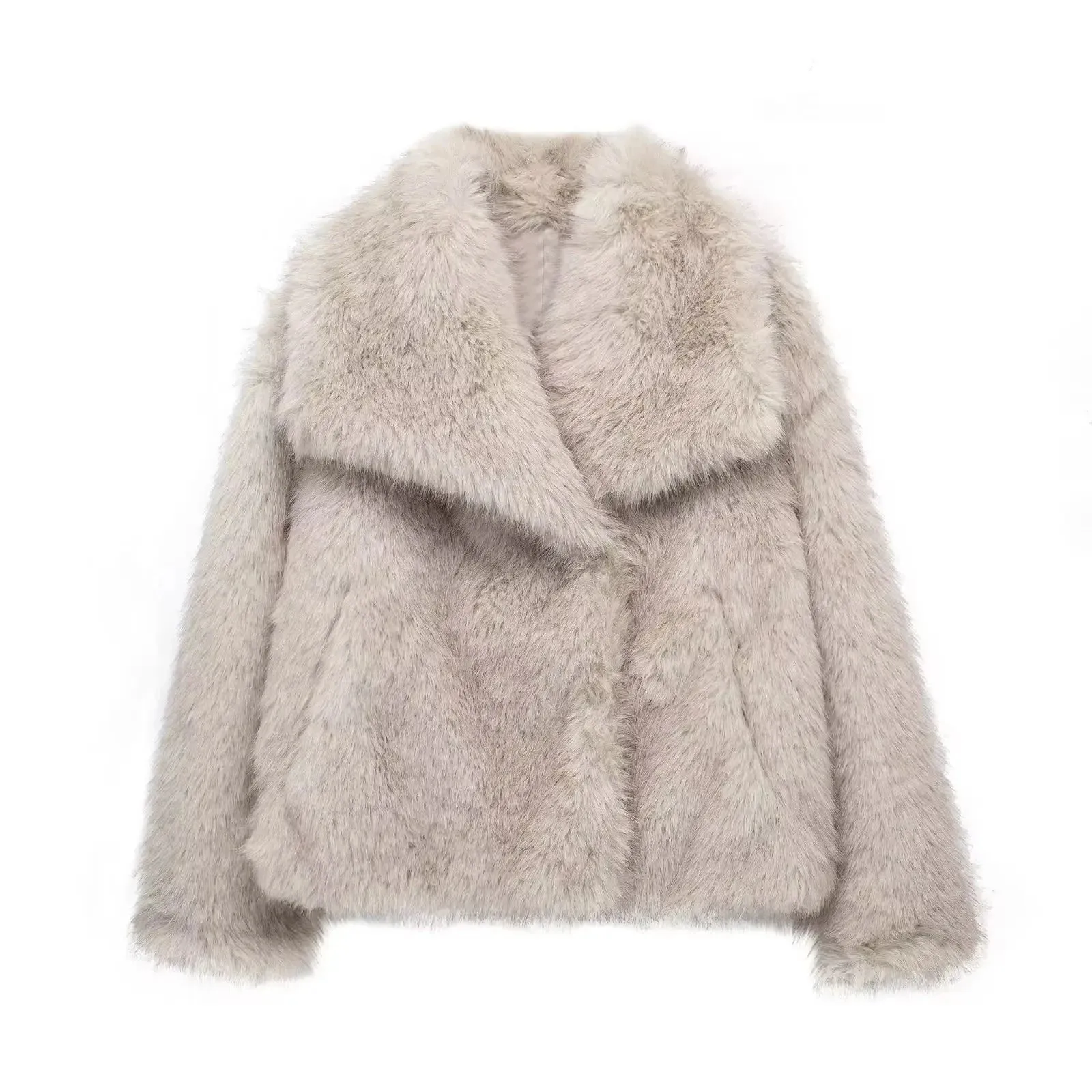 New  2024 Women Fashion Cropped Faux Jacket Coat Long Sleeve Front Snap-Button Female Outerwear Lapel Collar Thick Coat